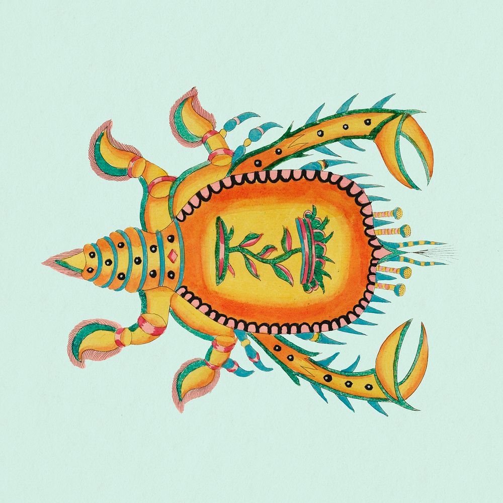 Ancient crab sticker, aquatic animal surreal illustration, remix from the artwork of Louis Renard