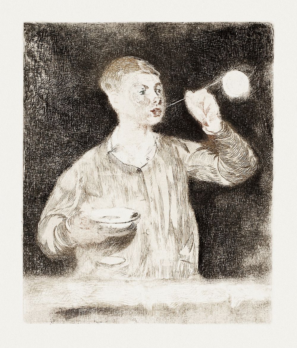 Boy Blowing Soap Bubbles (late 1868 to early 1869) print in high resolution by &Eacute;douard Manet. Original from The Art…