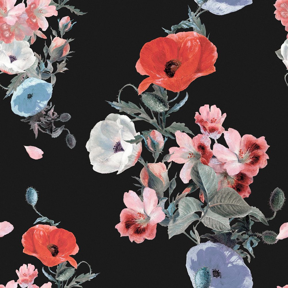 Black floral pattern background, natural design, remixed from original artworks by Pierre Joseph Redout&eacute;