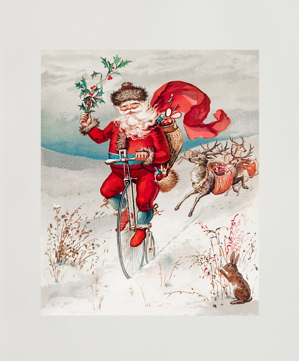 Santa Claus on a penny farthing with reindeer trailing and a rabbit from The Miriam And Ira D. Wallach Division Of Art…