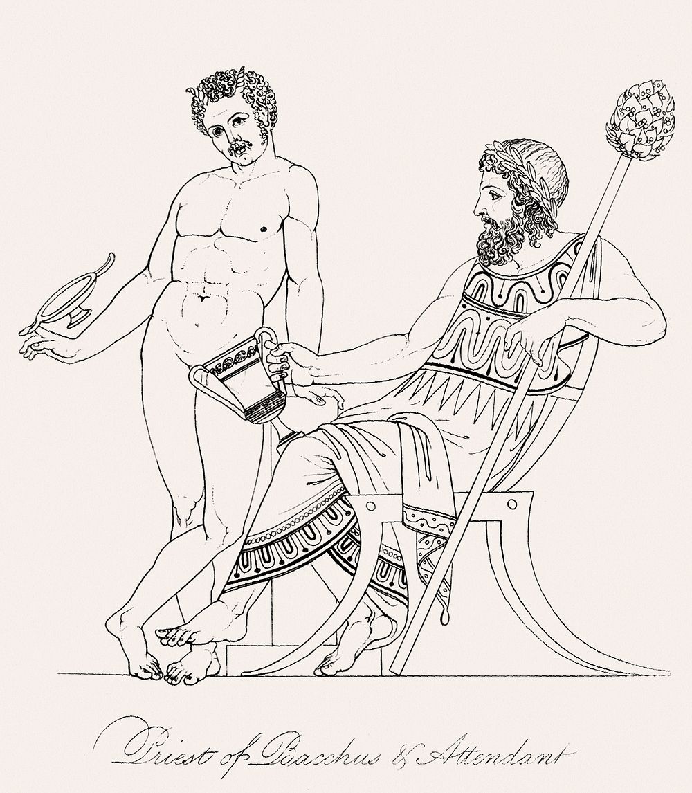 Vintage illustration of Priest of Bacchus & attendant