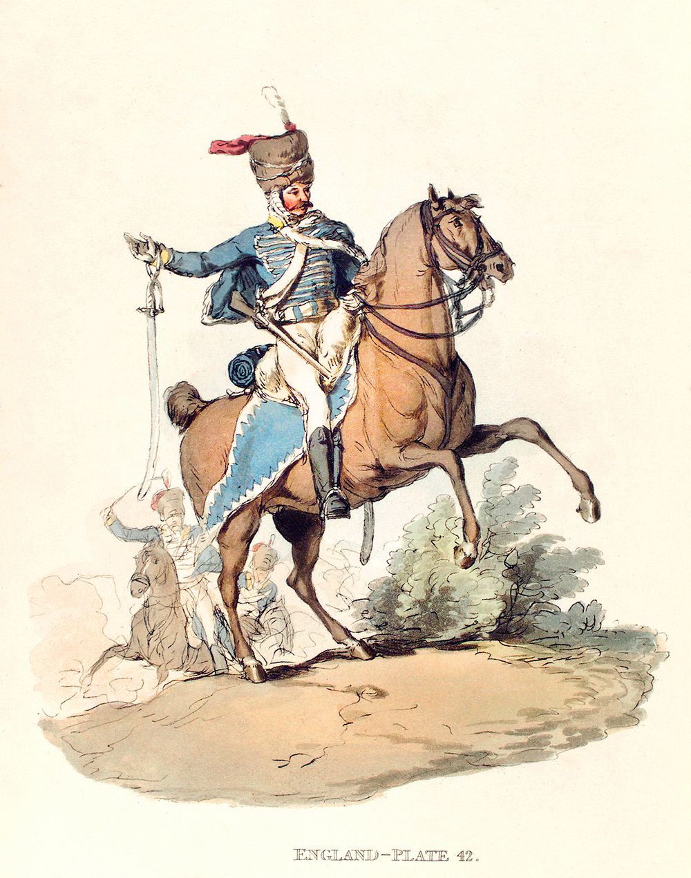 Illustration of Hussar from Picturesque Representations of the Dress and Manners of the English(1814) by William Alexander…