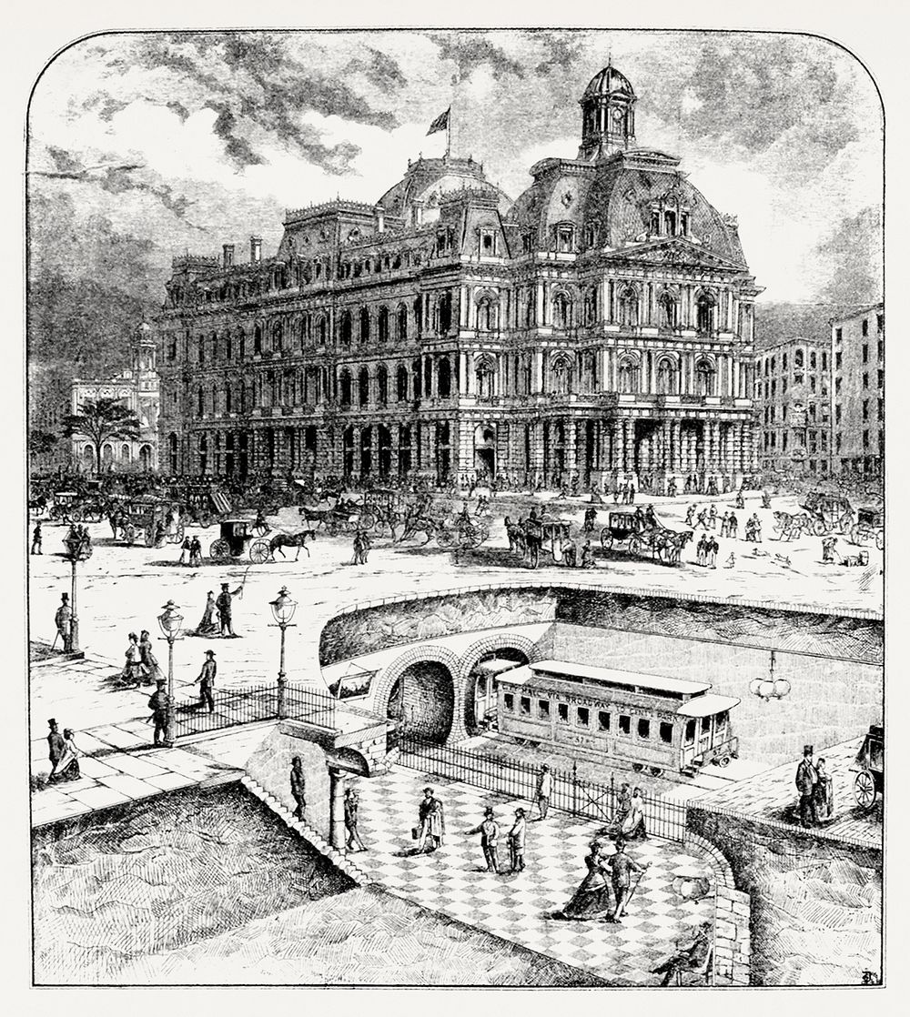 Vintage Illustration of New post office & proposed Broadway underground railway