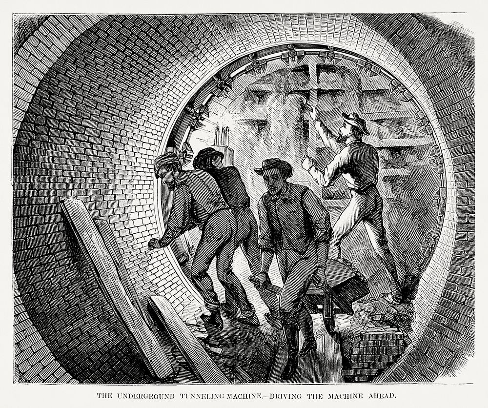 Vintage Illustration of the underground tunneling machine