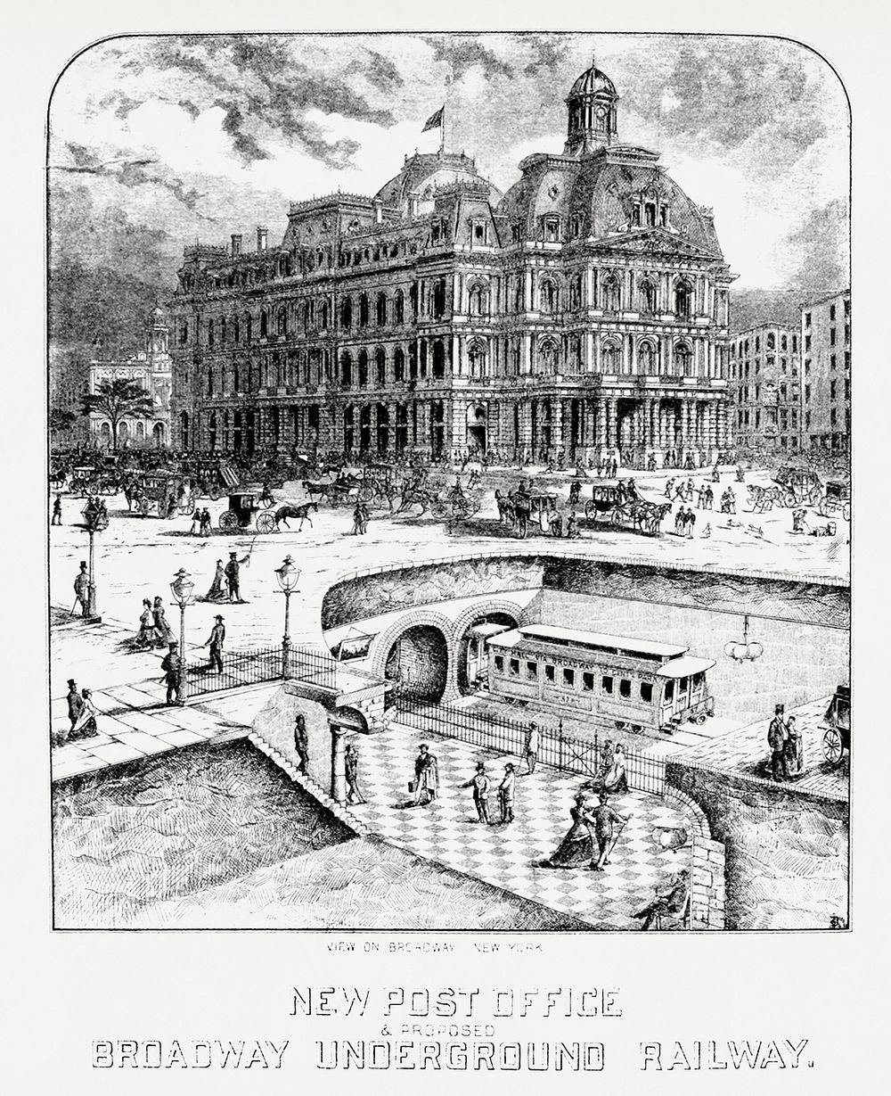 Illustration of New post office & proposed Broadway underground railway from Illustrated description of the Broadway…