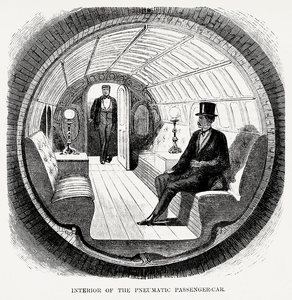 Illustration of interior of the pneumatic passenger-car from Illustrated description of the Broadway underground railway…