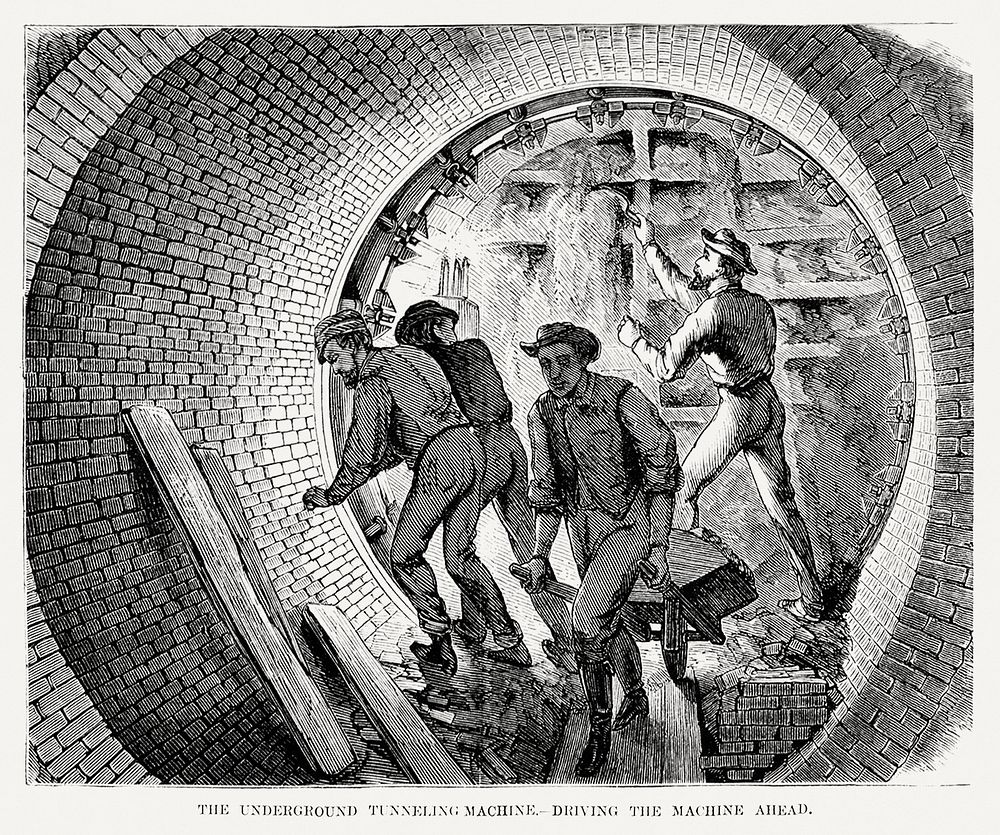 Illustration of the underground tunneling machine - driving the machine ahead from Illustrated description of the Broadway…