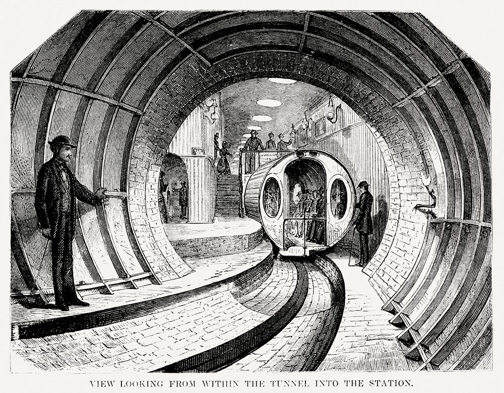 Illustration of the view when looking from within the tunnel into the station from Illustrated description of the Broadway…