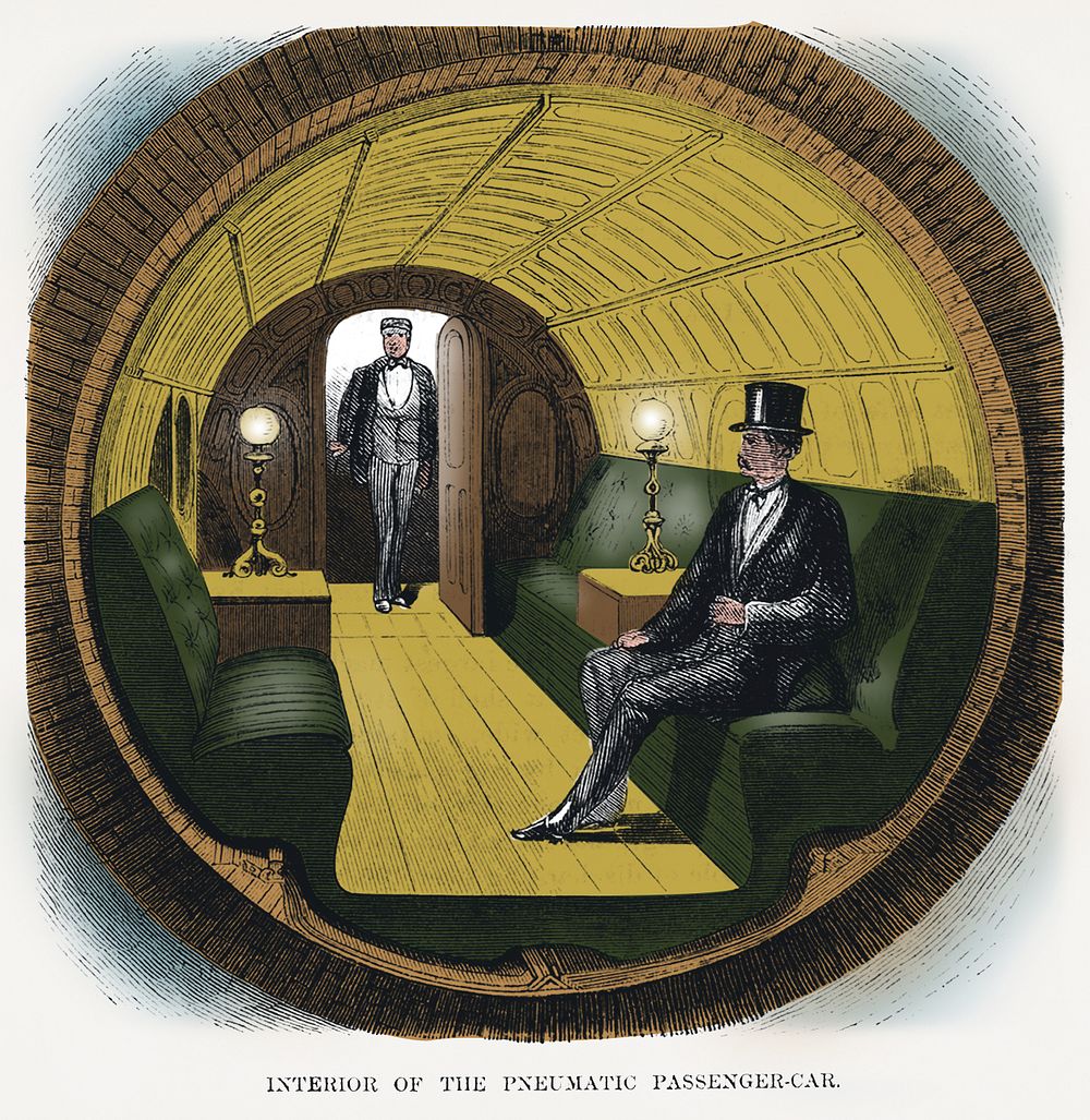Vintage Illustration of interior of the pneumatic passenger-car