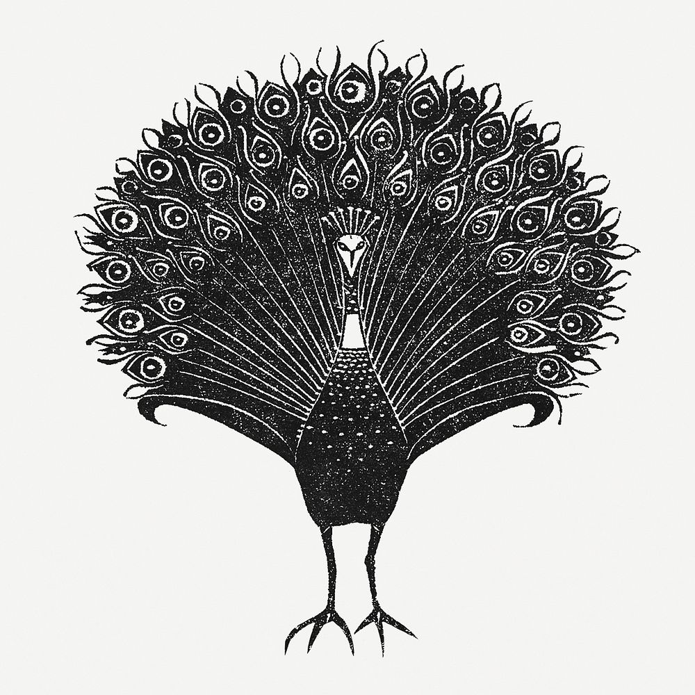 Vintage peacock psd in black print, remixed from artworks by Gerrit Willem Dijsselhof