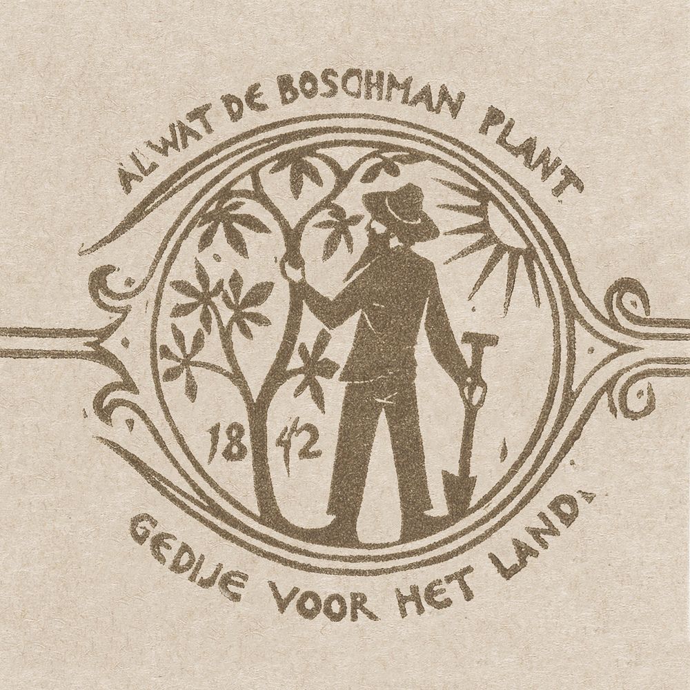 Print psd with vintage man planting tree, remixed from artworks by Gerrit Willem Dijsselhof