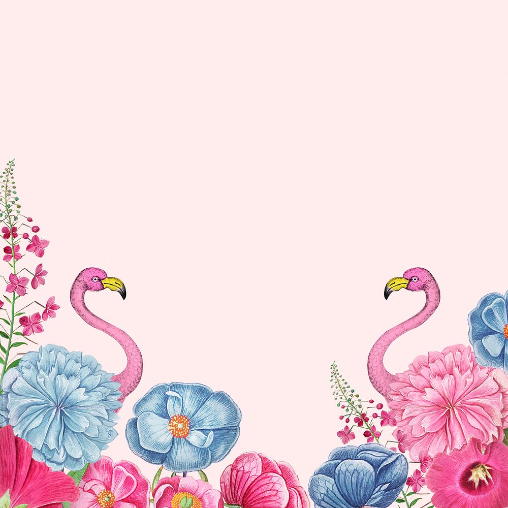 Vintage flowers and pink flamingo border frame