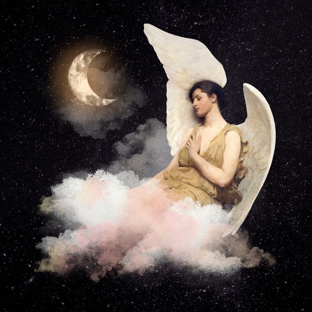 Angel & moon remixed collage artwork, Abbott Handerson Thayer-inspired aesthetic illustration, Winged figure