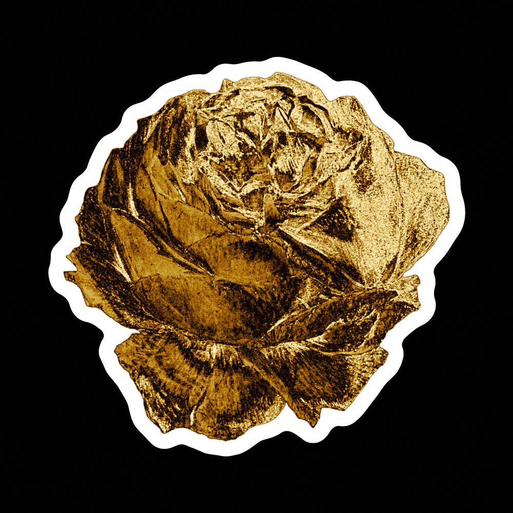Gold rose flower sticker with white border design element