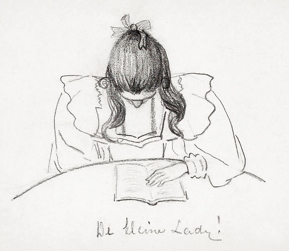 Girl sitting at a table with her head bent over an open book (1894) by JJulie de Graag (1877-1924). Original from The…
