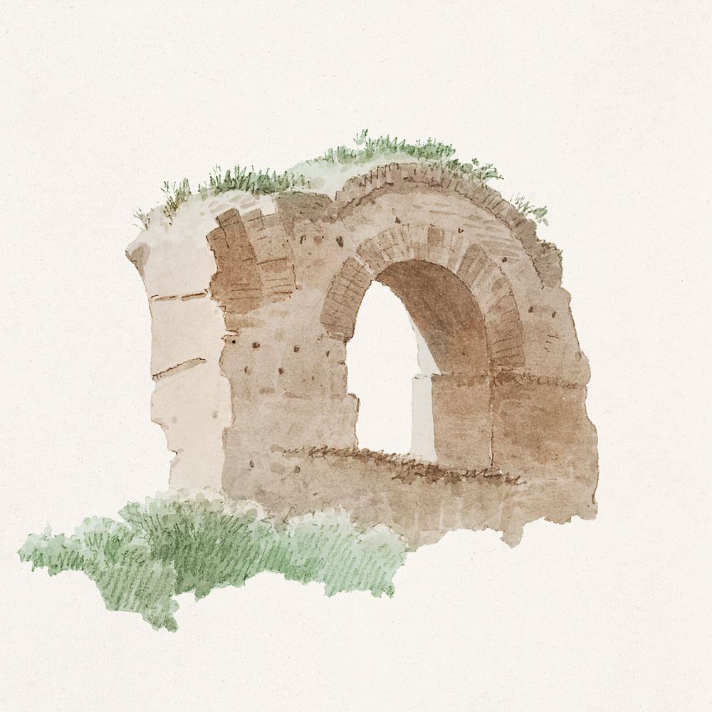 Hand drawn watercolor part of an aqueduct in Rome (ca. 1809&ndash;1812) by Joseph August Knip. Original from The…