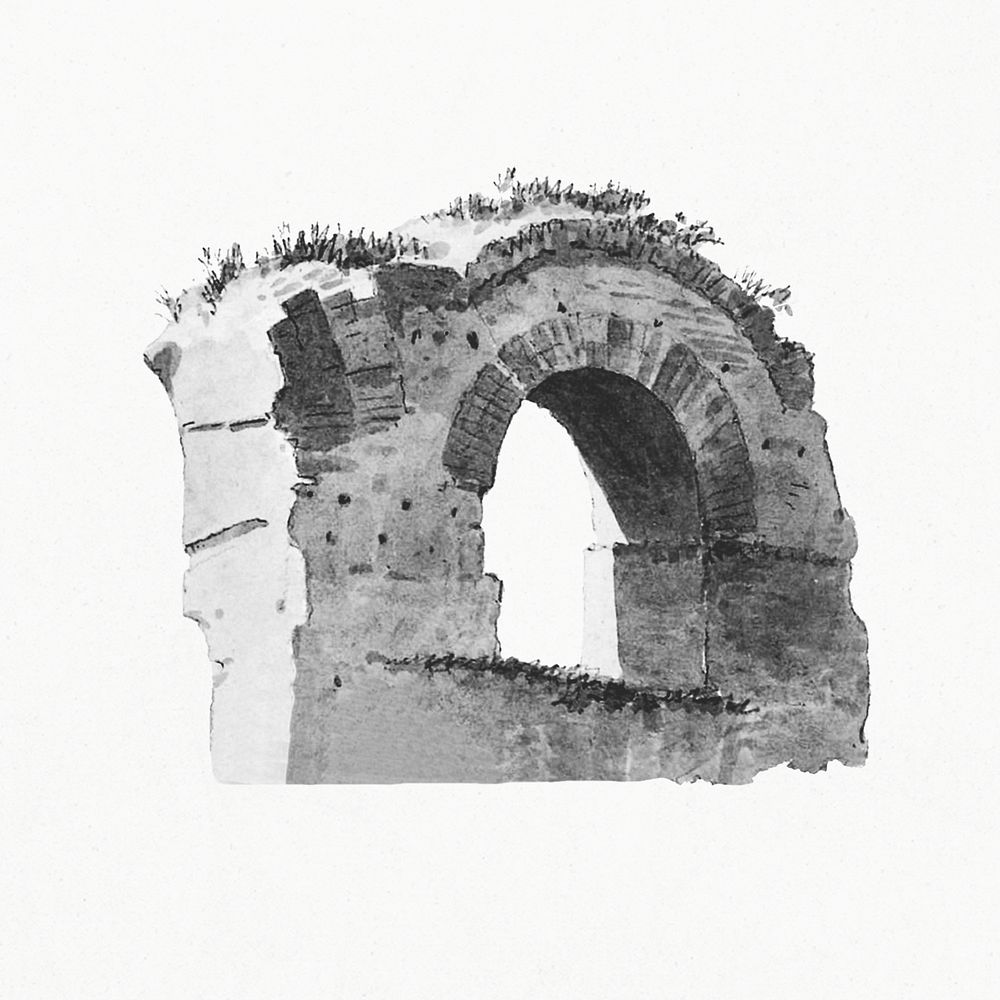 Hand drawn black and white part of an aqueduct by Joseph August Knip. Original from The Rijksmuseum. Digitally enhanced by…