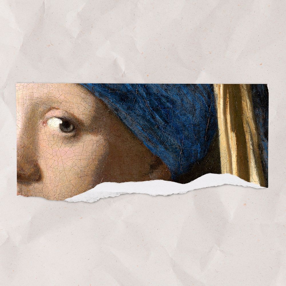 Girl with a Pearl Earring clipart, Johannes Vermeer-inspired ripped paper collage element psd