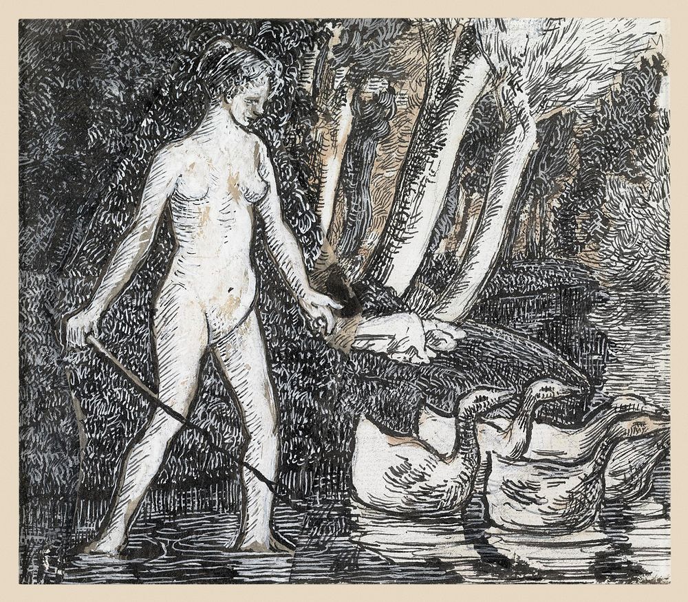 Bather with Geese (1895) drawing in high resolution by Camille Pissarro. Original from the Dallas Museum of Art. Digitally…