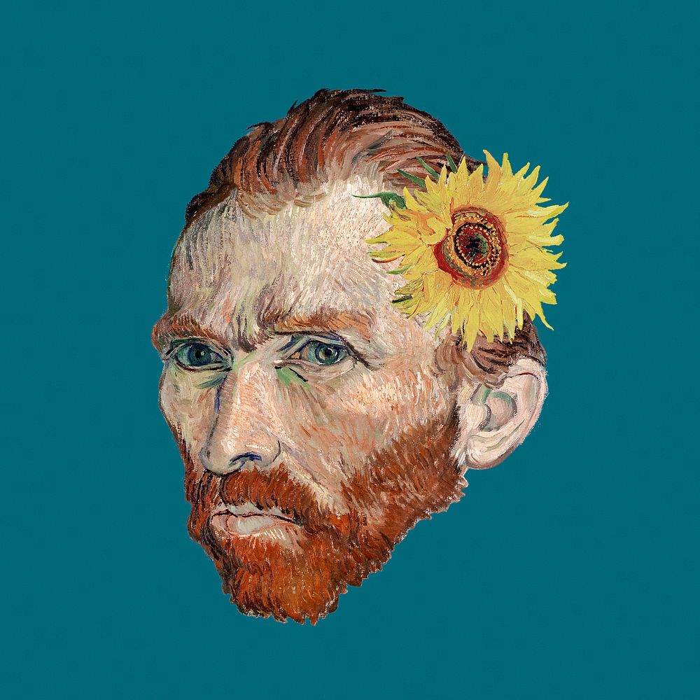 Van Gogh-inspired self-portrait & sunflower remixed clipart, famous artwork illustration psd