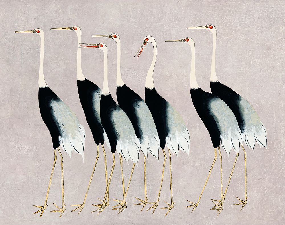 Ogata Korin's Flock of Japanese Red Crown Crane illustration, famous animal artwork, remastered by rawpixel