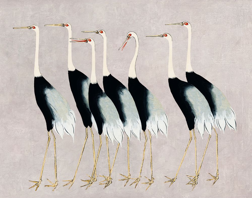 Ogata Korin's Flock of Japanese Red Crown Crane clipart, famous animal artwork psd, remastered by rawpixel