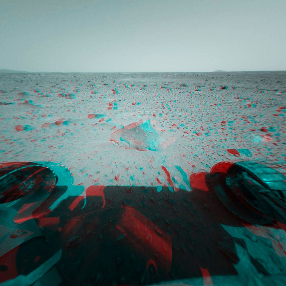 This 3-D stereo anaglyph image was taken by NASA's Mars Exploration Rover Spirit. 3D glasses are necessary to view this…