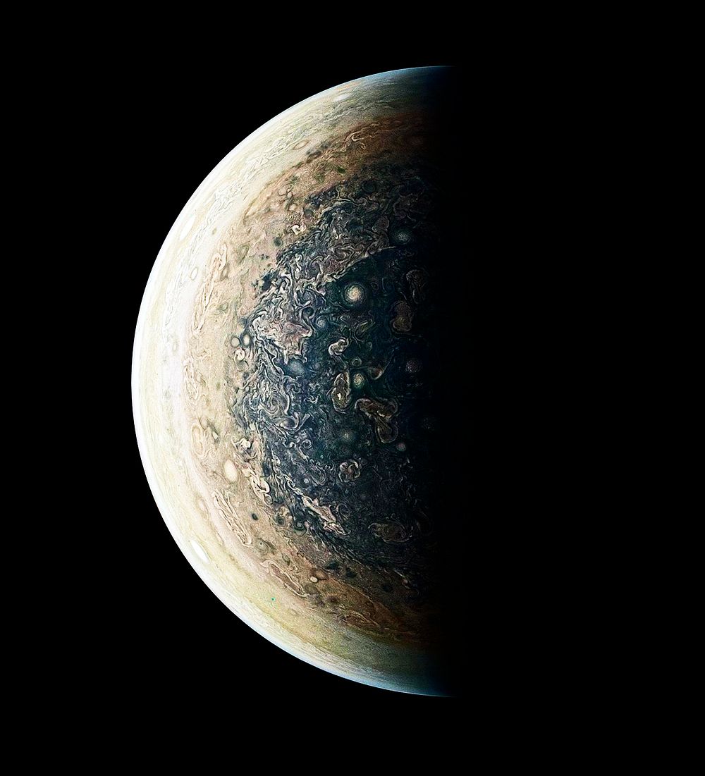 This enhanced-color image of Jupiter's south pole and its swirling atmosphere. Original from NASA. Digitally enhanced by…