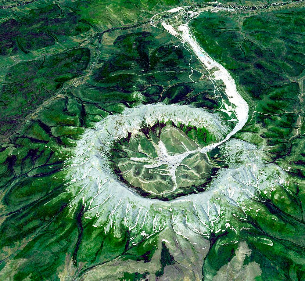 The Kondyor Massif is located in Eastern Siberia, Russia, north of the city of Khabarovsk. Original from NASA. Digitally…