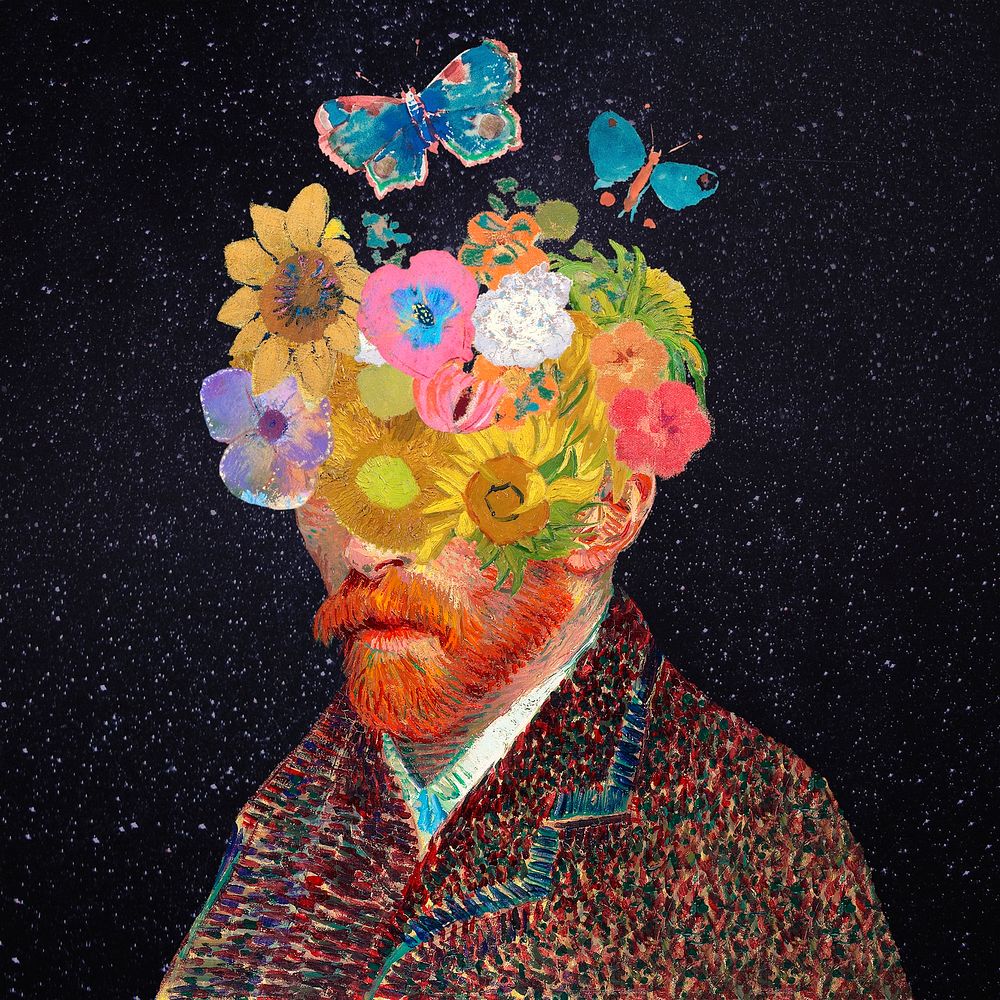 Van Gogh's self-portrait & flower remixed collage artwork, aesthetic surreal illustration, remastered by rawpixel