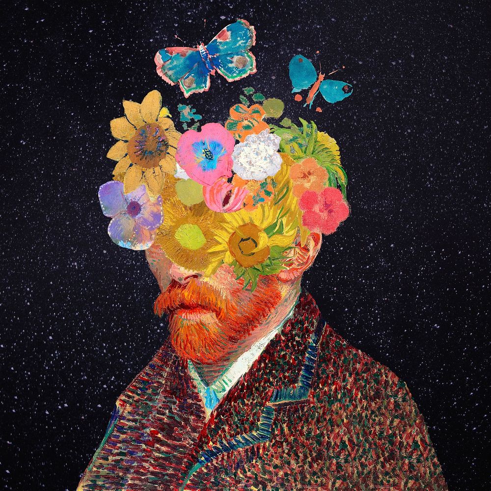 Van Gogh-inspired self-portrait & butterfly remixed clipart, aesthetic surreal illustration psd