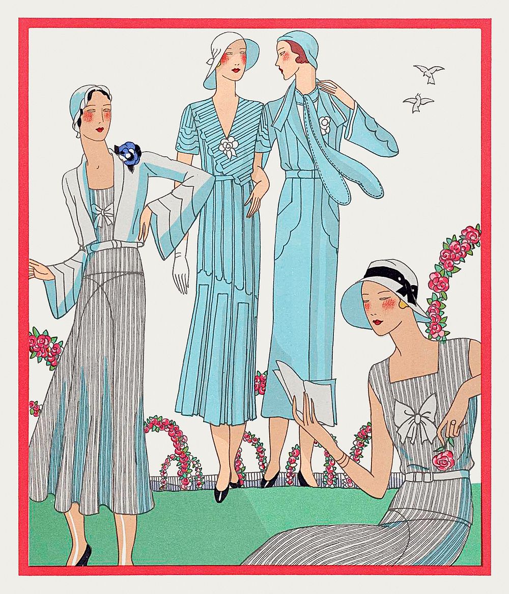 Four women in a garden (1931) fashion illustration in high resolution by Jenny. Original from the Rijksmuseum. Digitally…