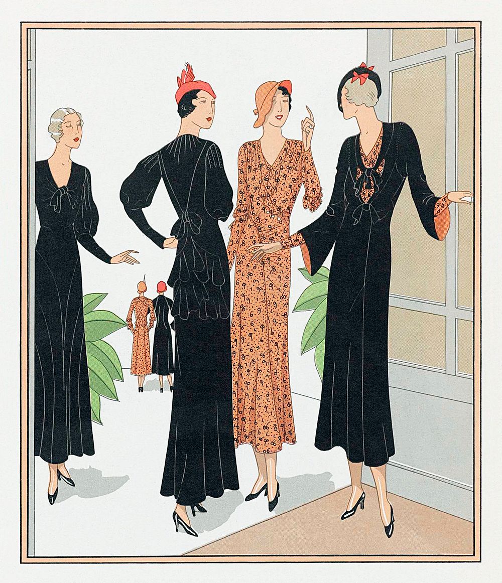 Four women dresses (1932) fashion illustration in high resolution by Bernard & Cie. Original from the Rijksmuseum. Digitally…