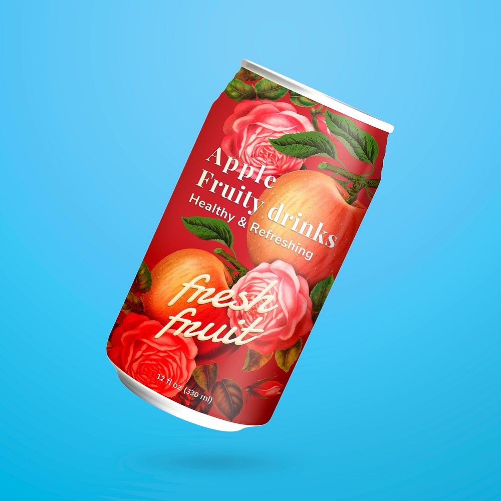 Soda can mockup, fruit drink packaging psd