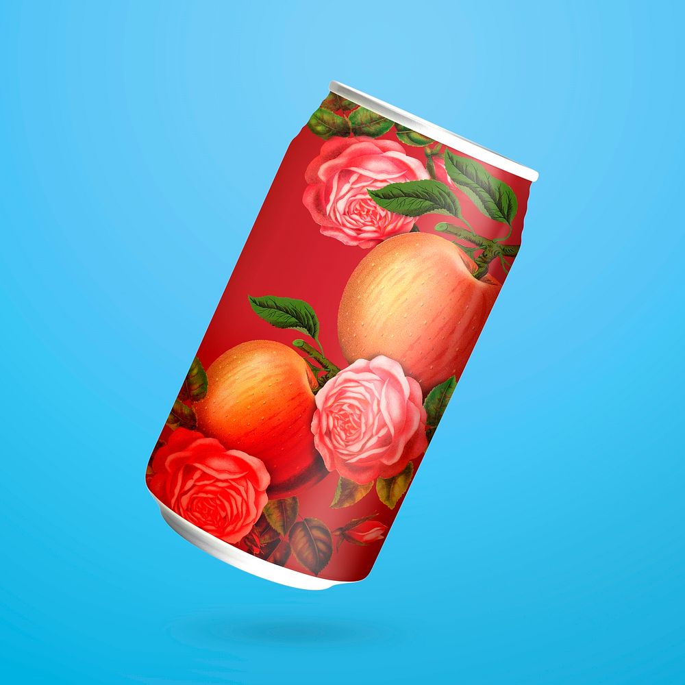 Floral fruit drink soda can on blue