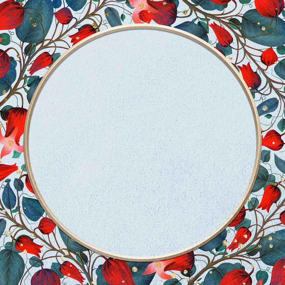Red floral frame, vintage blue background