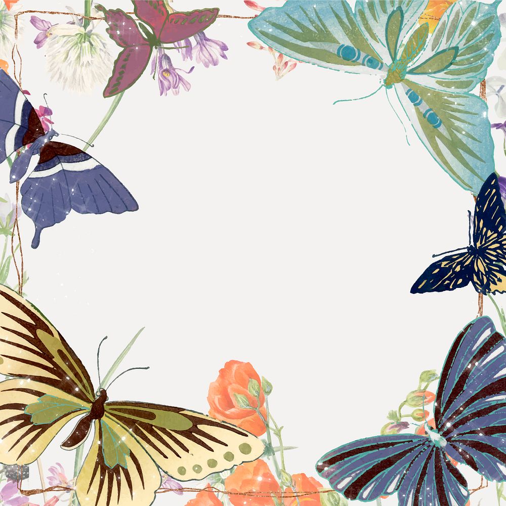 Floral butterfly frame, colorful vintage illustration vector