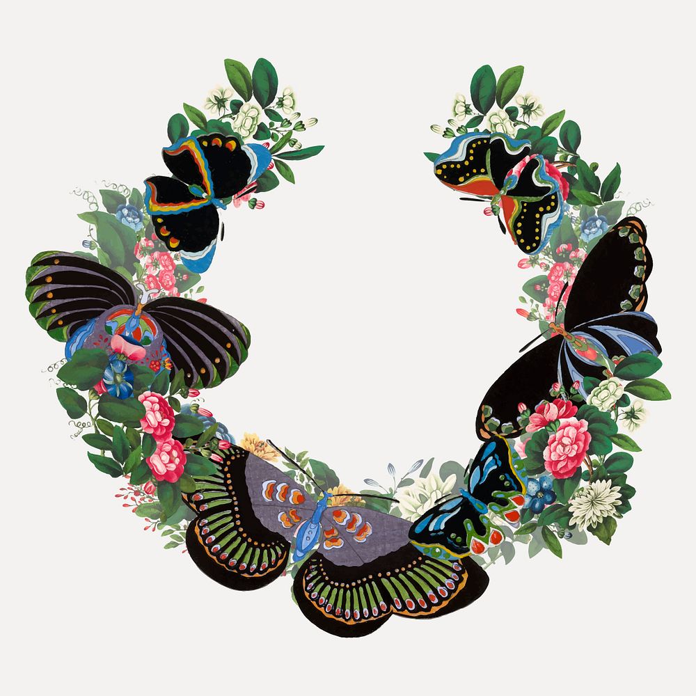Vintage butterfly wreath, Japanese style illustration vector