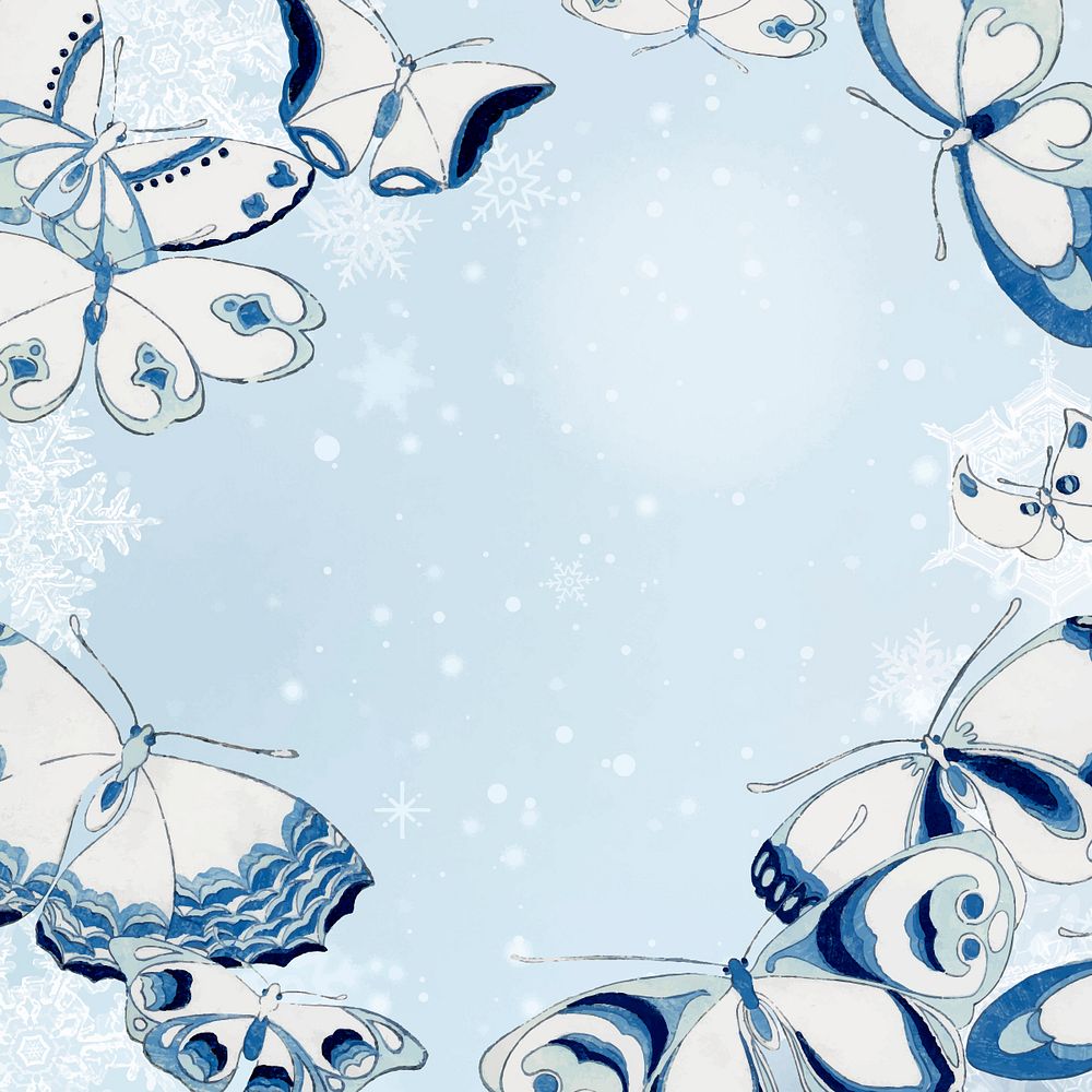 Snow butterfly frame background, blue watercolor design vector
