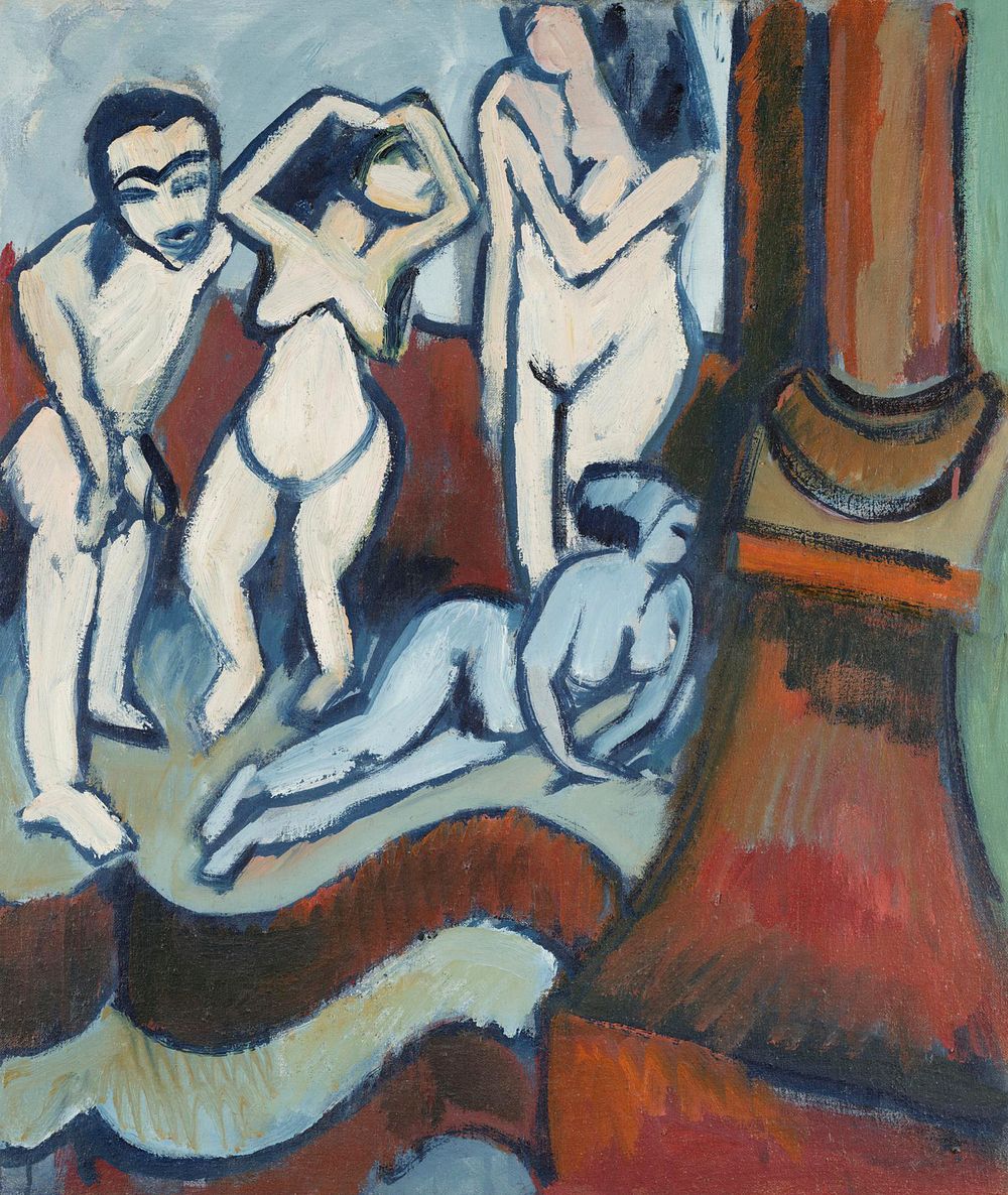 Ernst Ludwig Kirchner's Four Wooden Sculptures (1912) famous painting. Original from the Dallas Museum of Art. Digitally…