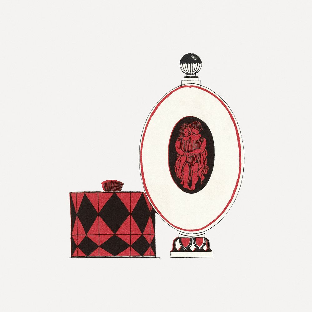 Vintage red perfume bottle, remixed from the artworks by Mario Simon