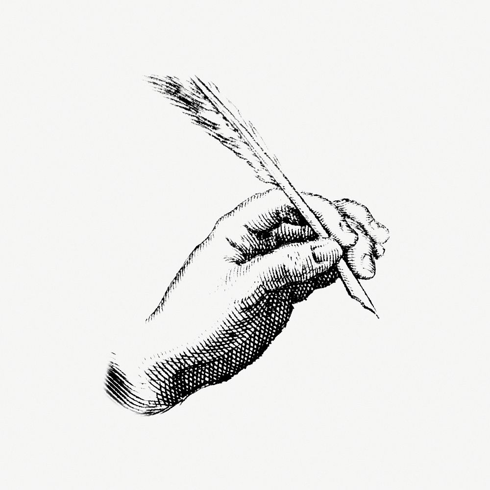 Hand Holds a Feather Quill Pen Drawn in Engraving Style