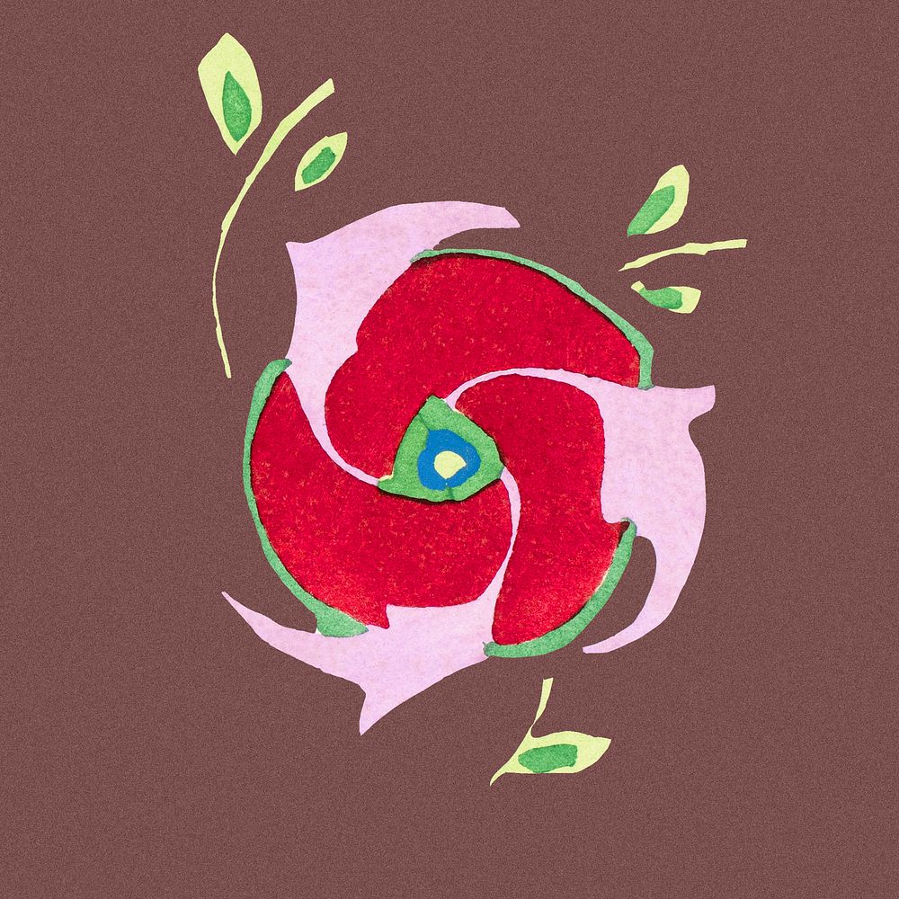 Red flower clip art, vintage art deco design element psd