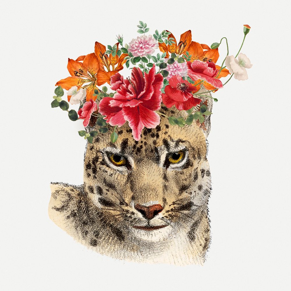 Leopard collage element, vintage animal & flower drawing psd  