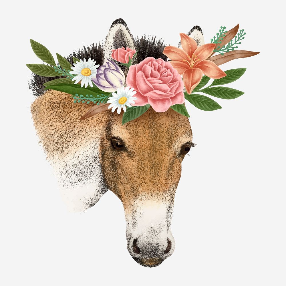 Przewalksi horse collage element, vintage wildlife & flower illustration vector  