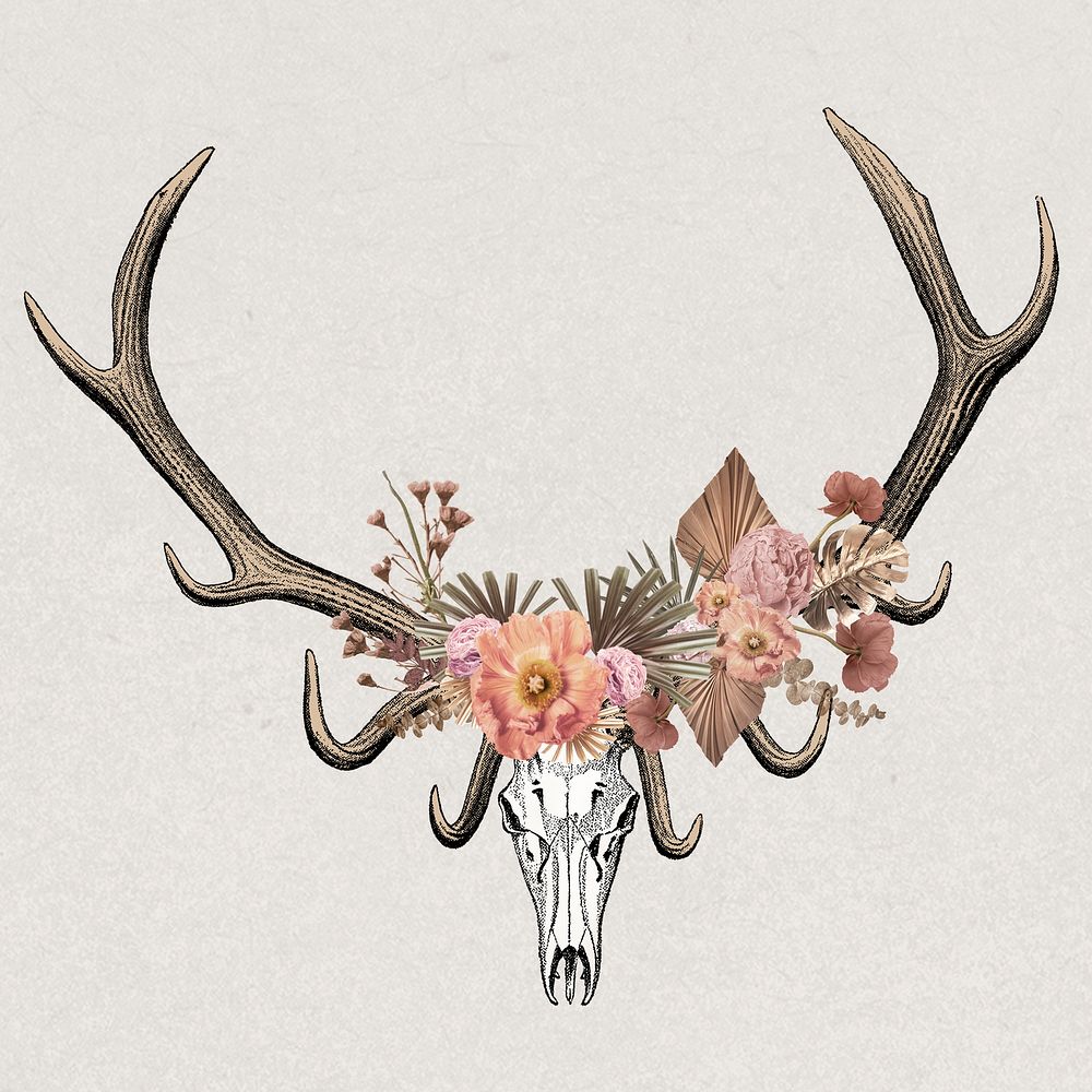 Animal skull collage element, vintage animal & flower drawing psd  