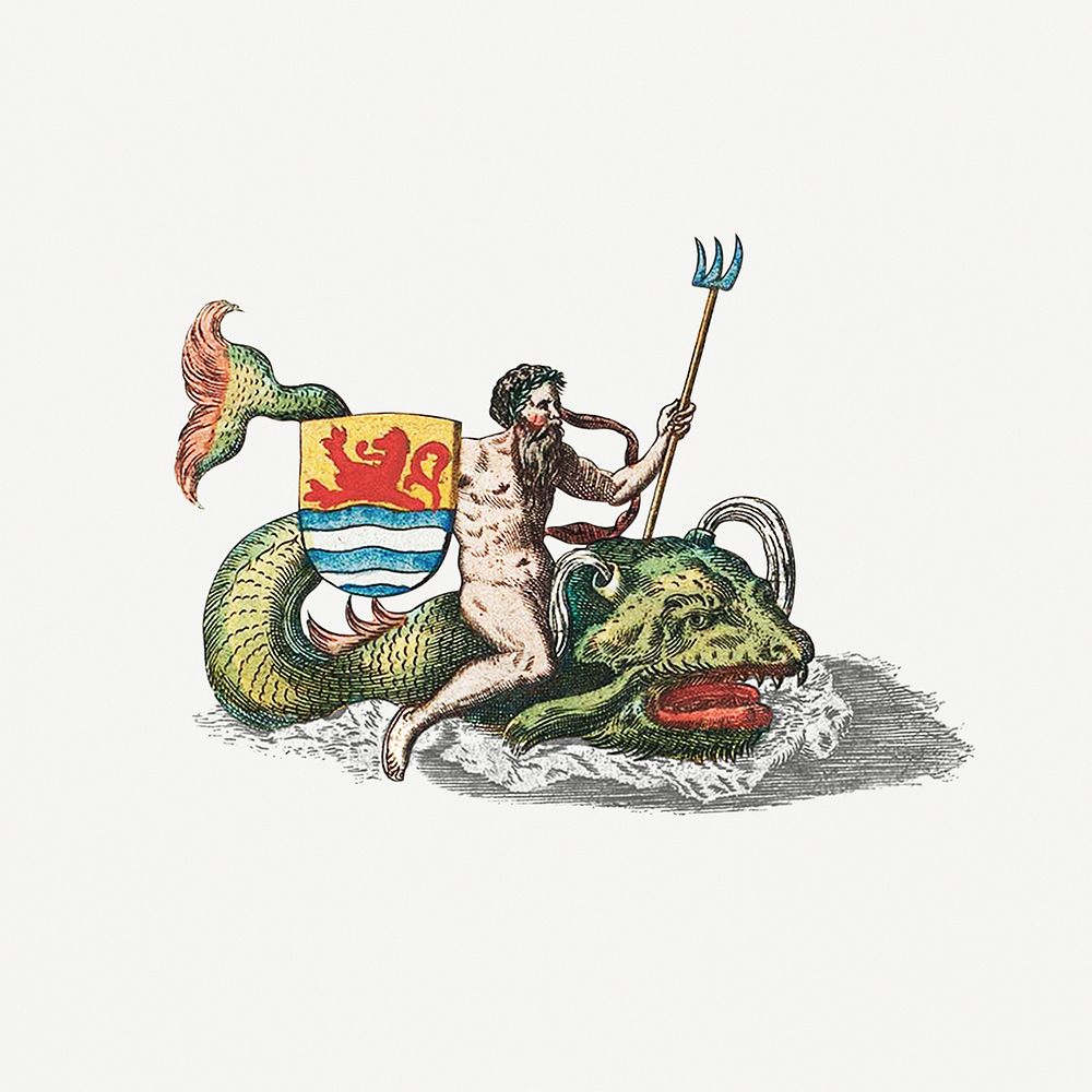 Vintage illustration of a man on fish with coat of arms