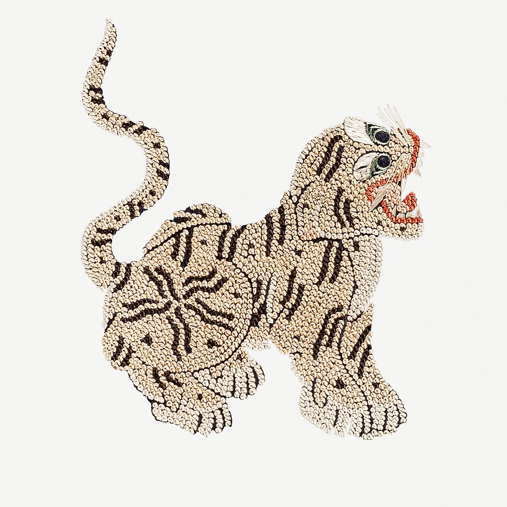 Vintage psd tiger embroidery, featuring public domain artworks