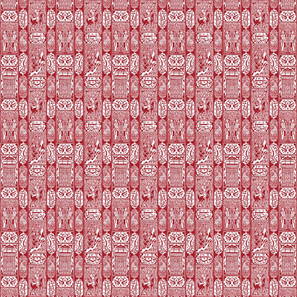 Vintage red textile pattern background, featuring public domain artworks