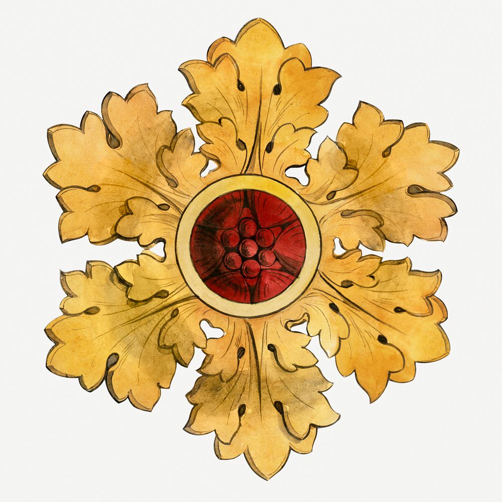 Vintage rose flower with gold leaves, featuring public domain artworks